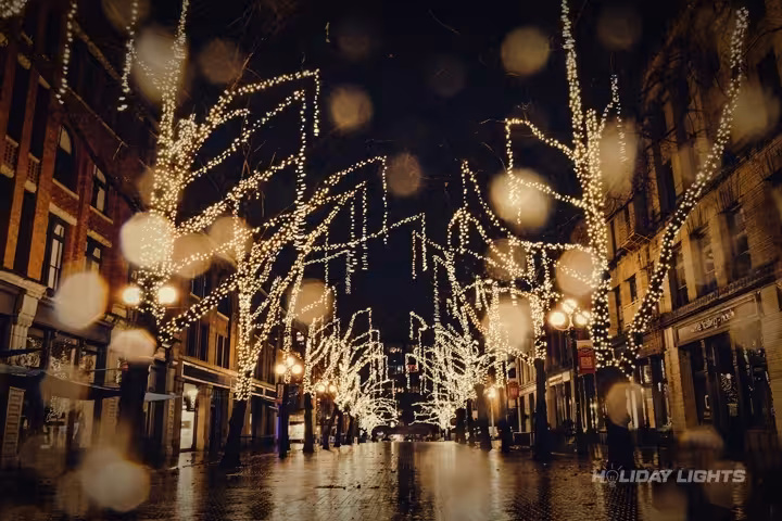 Professional municipal Christmas light installation in Manayunk, Pennsylvania — Cityscape Holiday Lighting