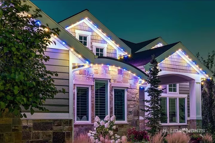 App-controlled permanent LED lighting on a Pennsylvania home facade