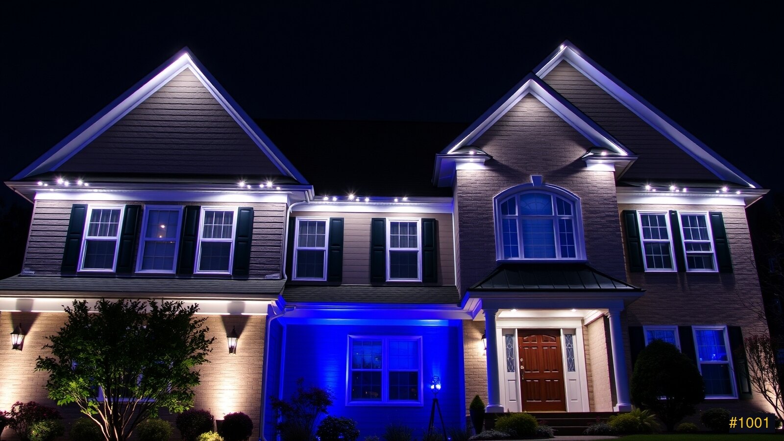 Permanent LED roofline lighting on an upscale home at dusk