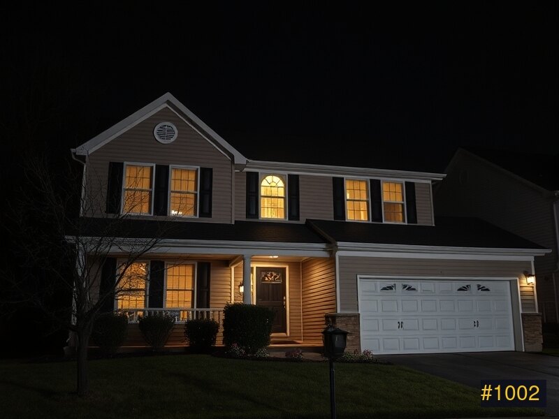 Suburban home in daylight before permanent lighting