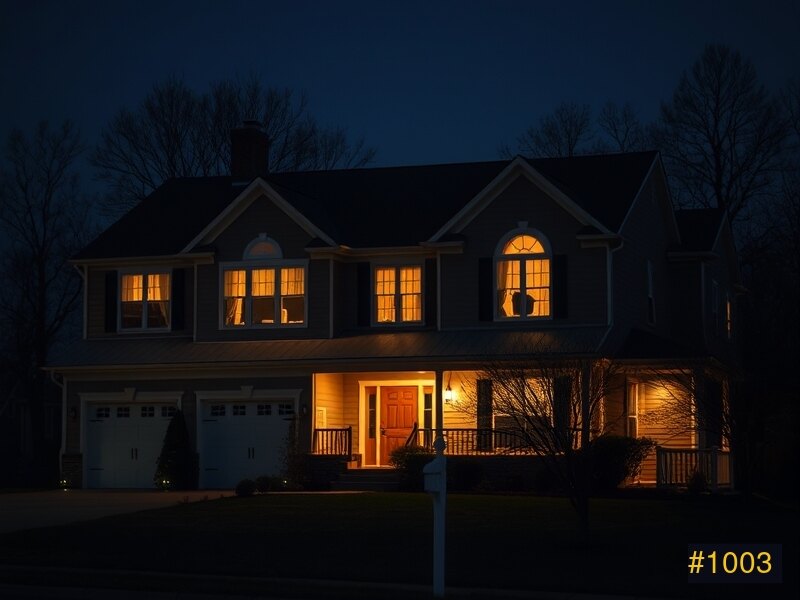 Same home at night with permanent warm-white roofline lights