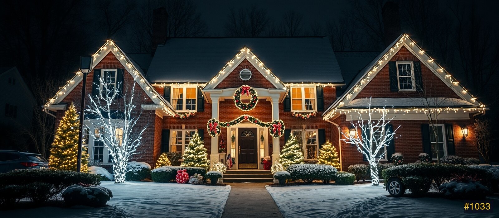 Festive Bushkill home at night